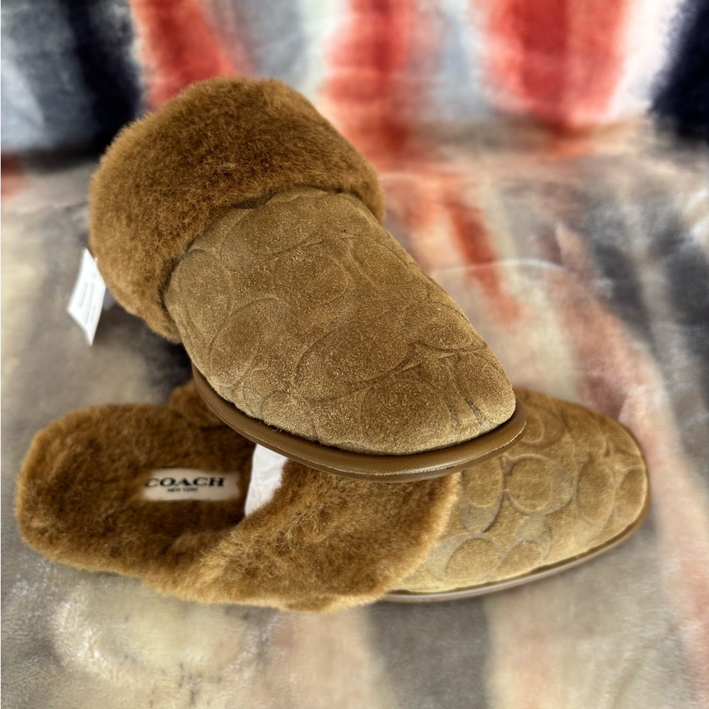 Coach Brown Shearling Logo Slip-On Slippers